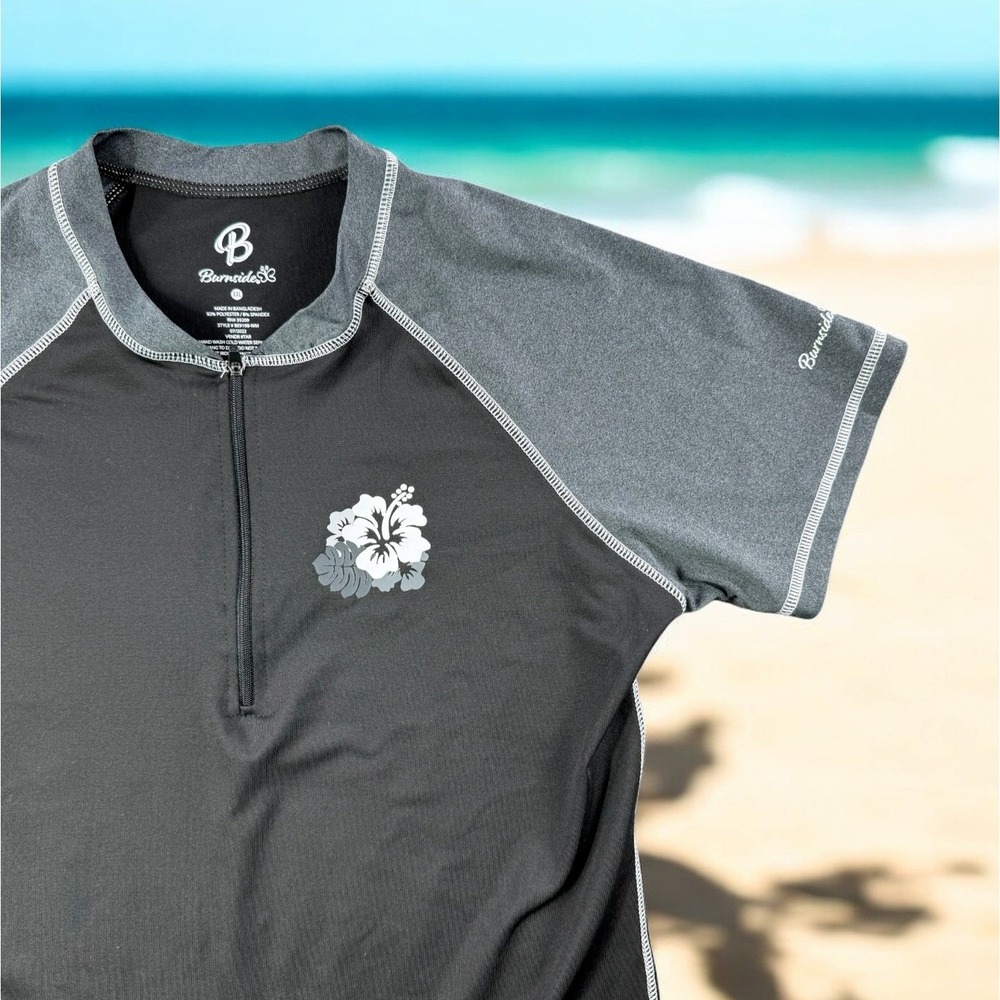 Burnside Rash Guard Women XXL Swim‎ T Shirt 1/4 Zip UPF Hawaiian Black Stretch